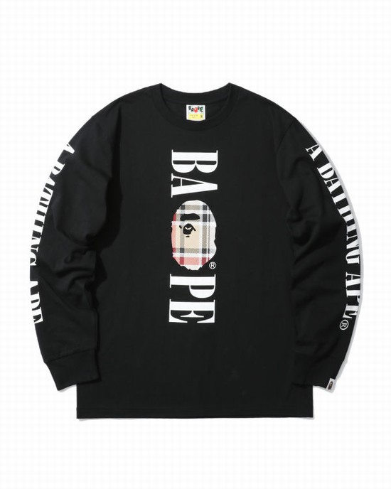 Beige Bape Check Head long sleeve Men's T Shirts | ZA-45623