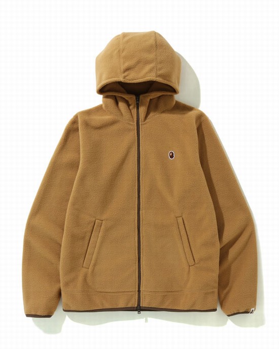 Beige Bape Fleece one point zip Men's Hoodie | ZA-01924