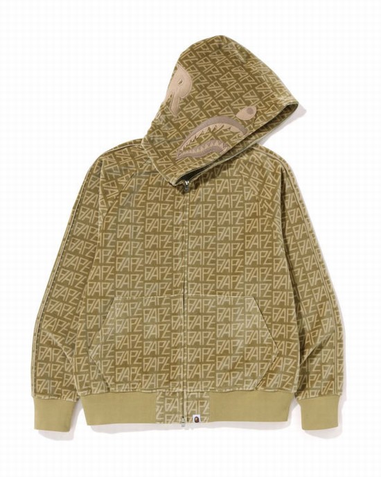 Beige Bape Logo Monogram Velour Shark Full Zip Men's Hoodie | ZA-83950