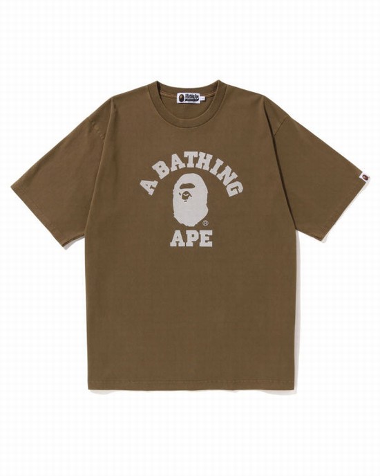 Beige Bape Pigment Dyed College Relaxed Fit Men's T Shirts | ZA-34520