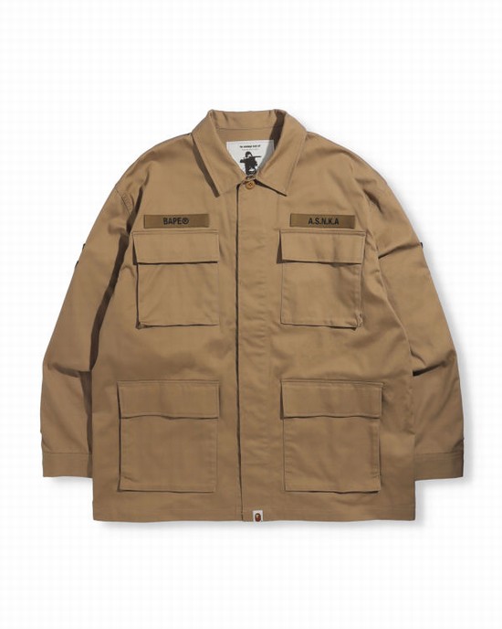 Beige Bape Relaxed Fit Military Men's Shirts | ZA-79483