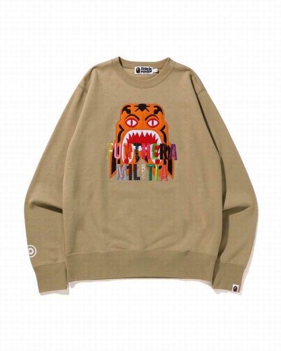 Beige Bape Tiger Embroidery Crewneck Men's Sweatshirts | ZA-04391