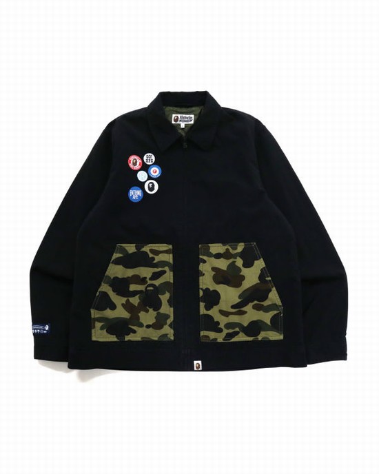 Black Bape Badge Motif Zip Blouson Men's Jackets | ZA-76039