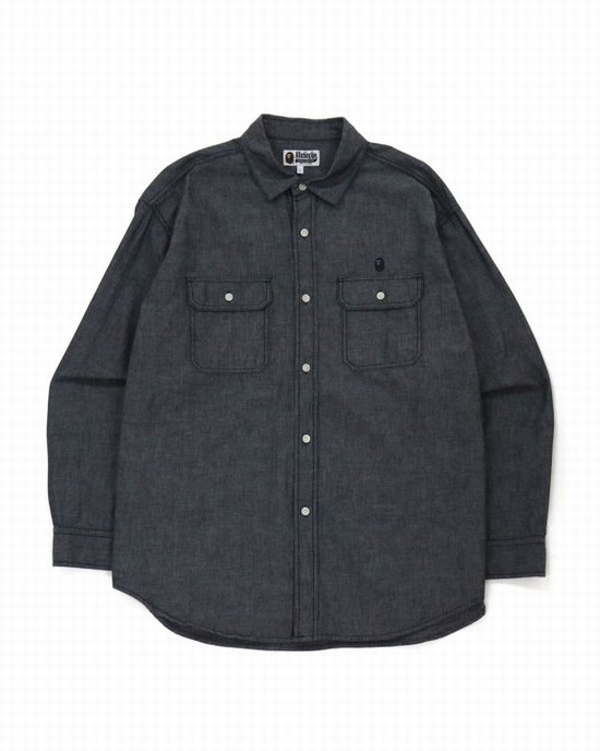 Black Bape Chambray Loose Fit Men's Shirts | ZA-60539