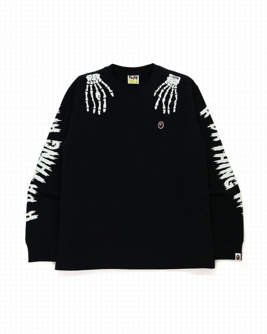 Black Bape Halloween Skull Glow In The Dark Long Sleeve Men's Sweatshirts | ZA-18625