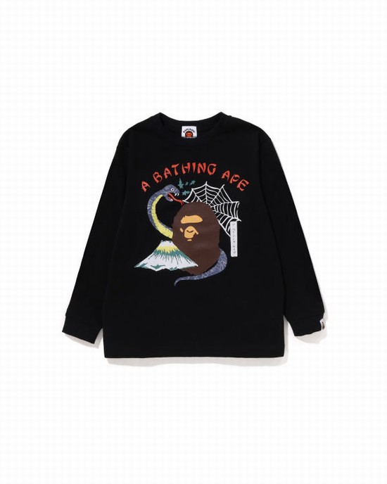 Black Bape Japan Culture Souvenir L/S Kids' T Shirts | ZA-68024