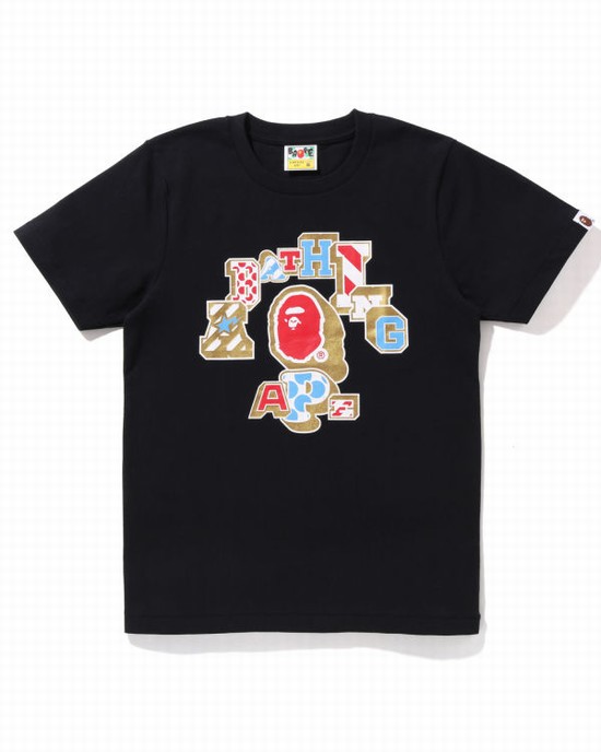 Black Bape Mix Patched College Women's T Shirts | ZA-97104