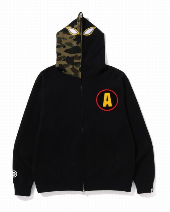 Black Bape Shadow Relaxed Fit Full Zip Men's Hoodie | ZA-65103