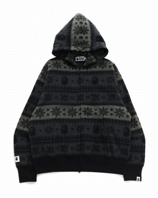 Black Bape Snow Pattern Relaxed Fit Full Zip Men's Hoodie | ZA-56972