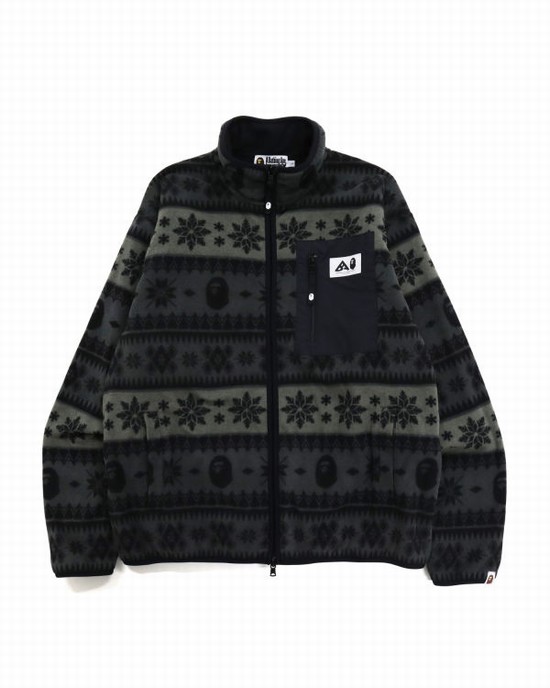 Black Bape Snow Pattern Relaxed Fit Zip Fleece Men's Sweatshirts | ZA-18392