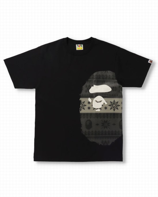 Black Bape Snow Pattern Side Big Ape Head Men's T Shirts | ZA-70562