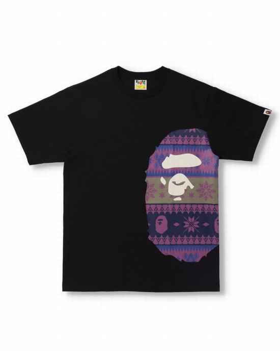 Black Bape Snow Pattern Side Big Ape Head Men's T Shirts | ZA-72498