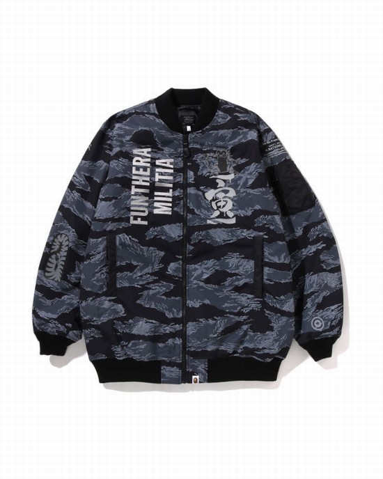 Black Bape Tiger Camo Long MA-1 Men's Coats | ZA-04657