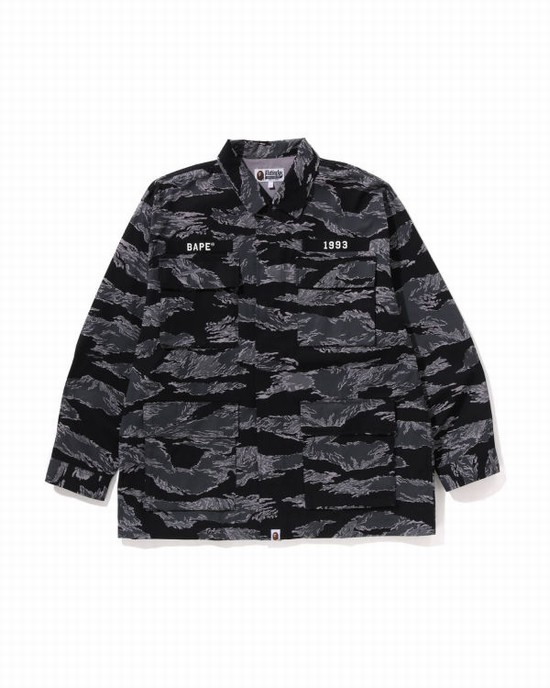 Black Bape Tiger Camo Relaxed Fit Military Men's Shirts | ZA-28590