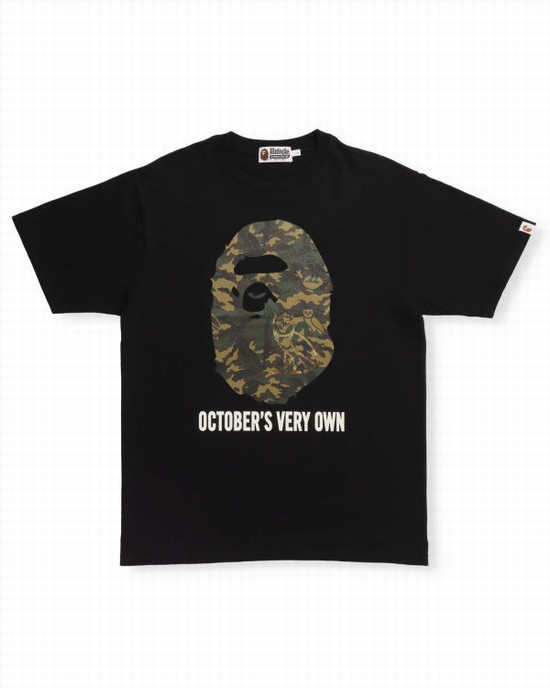 Black Bape X OVO Woodland Camo Ape Head Men's T Shirts | ZA-37025