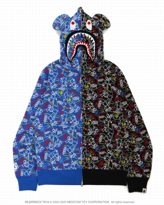 Black / Blue Bape X Medicom Toy Camo BE@R Shark Half Full Zip Men's Hoodie | ZA-72941