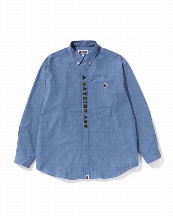 Blue Bape A Bathing Ape Applique BD Loose Fit Men's Shirts | ZA-51023