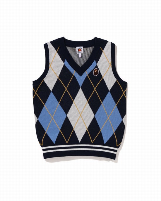 Blue Bape Ape Head Patch Argyle JR Kids' Vest | ZA-07143