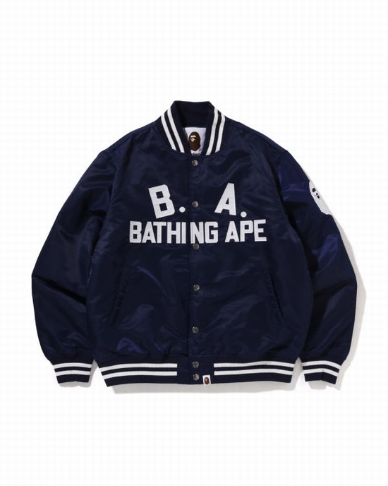 Blue Bape B.A Nylon Varsity Men's Jackets | ZA-08293