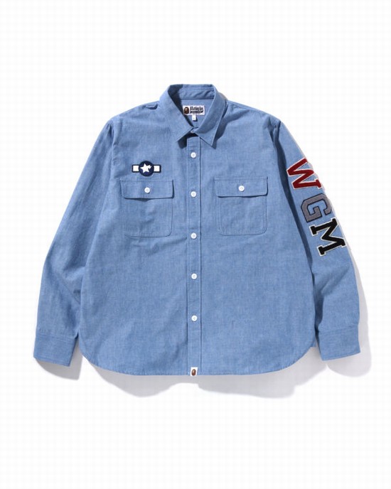 Blue Bape Busy Shark Chambray Relaxed Fit Men's Shirts | ZA-23679