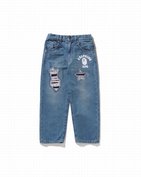 Blue Bape Color Camo Patched Damaged Kids' Jeans | ZA-71035