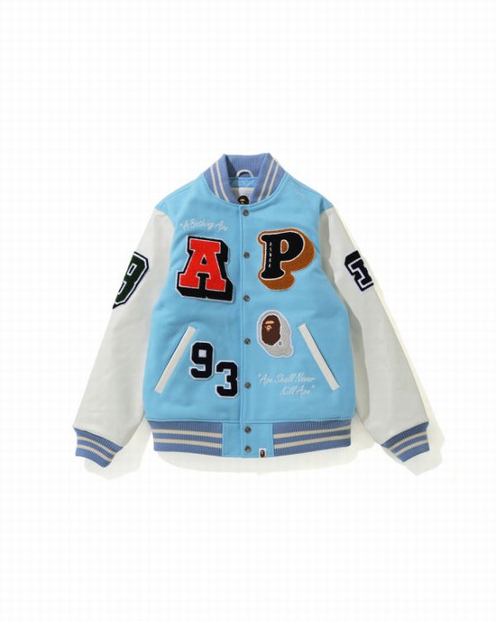 Blue Bape Crazy Patch Varsity Men's Jackets | ZA-59601