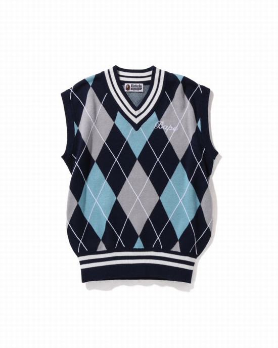 Blue Bape Embroidery Argyle Women's Vest | ZA-79512