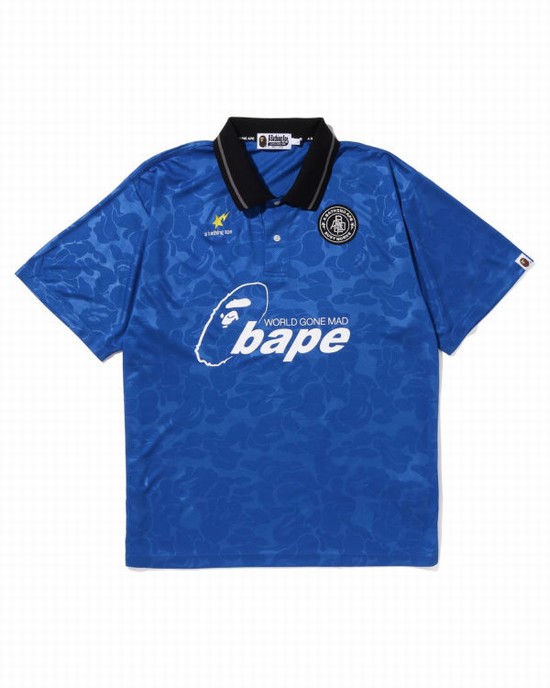 Blue Bape Soccer Game Relaxed Fit Polo Men's T Shirts | ZA-98042