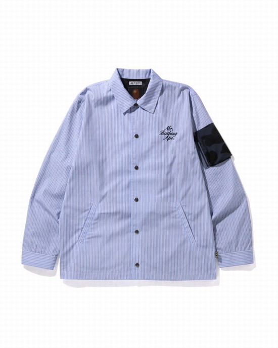 Blue Bape Thomas Mason Stripe Coach Men's Shirts | ZA-95463