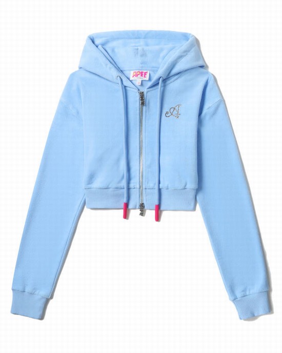 Blue Bape Towelling zip-up crop Women's Hoodie | ZA-43179