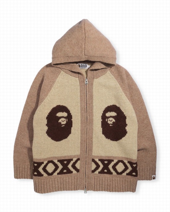 Brown Bape Ape Head Zip Men's Knitwear | ZA-01463