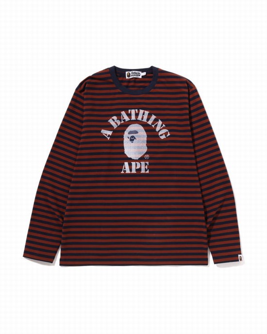 Brown Bape Discharge College Hoop L/S Men's T Shirts | ZA-39721