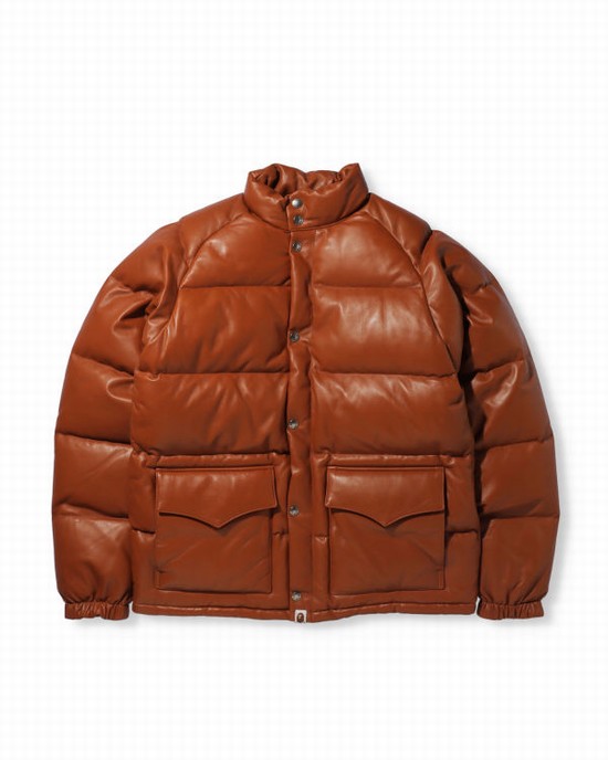 Brown Bape Leather Classic Men's Down Jackets | ZA-96852