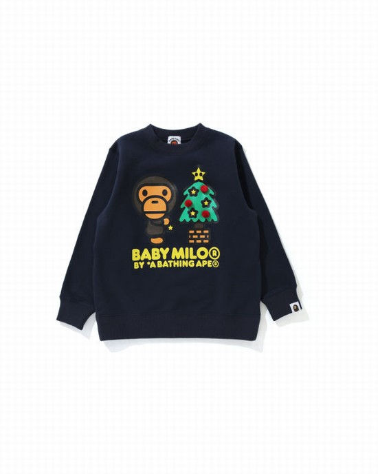 Dark Blue Bape Milo Christmas Tree Crewneck Kids' Sweatshirts | ZA-57801