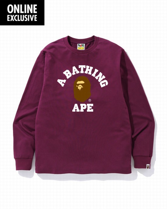 Dark Purple Bape College logo Men's T Shirts | ZA-37068