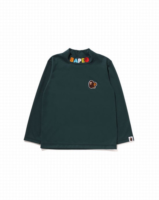 Deep Green Bape Ape Head & Milo One Point High Neck L/S Kids' T Shirts | ZA-50947