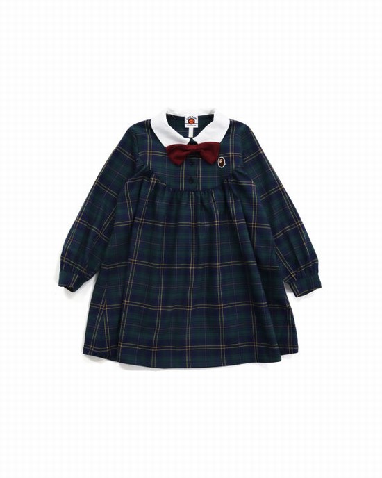 Deep Green Bape Check Ribbon Onepiece Kids' Dress | ZA-63081