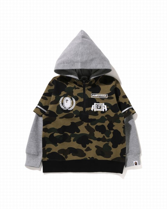 Green Bape 1st Camo Racing Layered Pullover Kids' Hoodie | ZA-45869