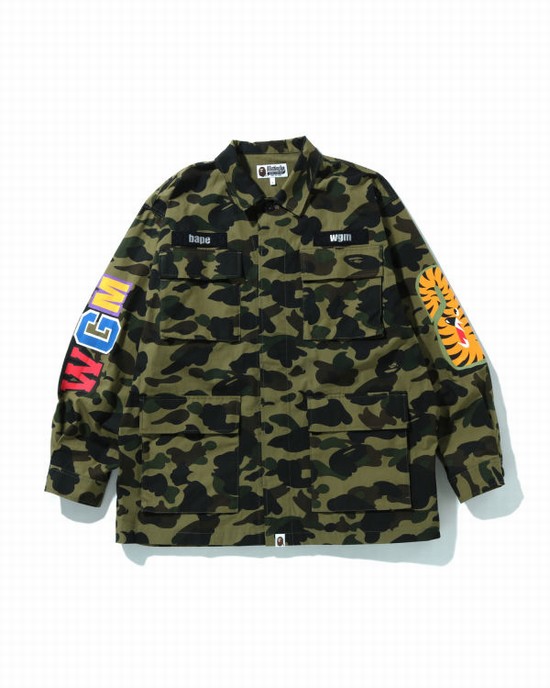 Green Bape 1st Camo Shark Relaxed Fit Military Men's Shirts | ZA-32651