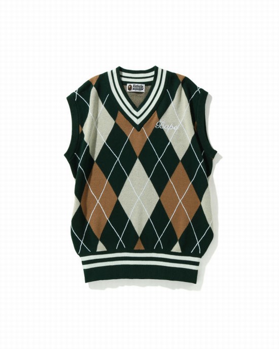 Green Bape Embroidery Argyle Women's Vest | ZA-05728