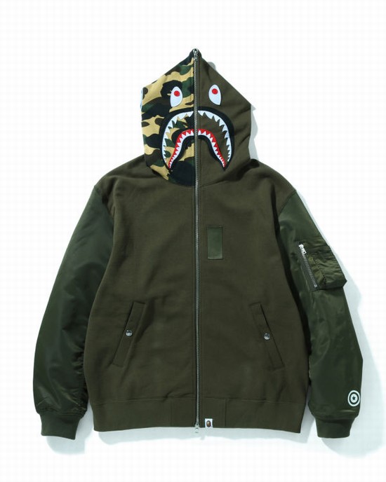 Green Bape Military Shark Relaxed Fit Full Zip Men's Hoodie | ZA-38429