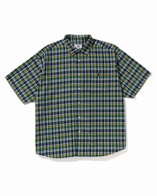 Green Bape Mini Check Loose Fit S/S Men's Shirts | ZA-46150