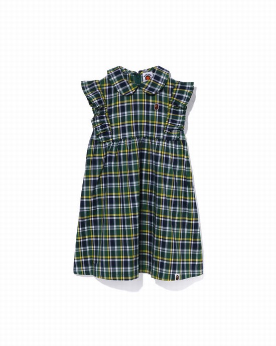 Green Bape Mini Check Round Collar Onepiece Kids' Dress | ZA-54280