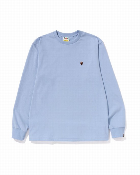 Light Blue Bape Ape Head One Point L/S Men's T Shirts | ZA-86247