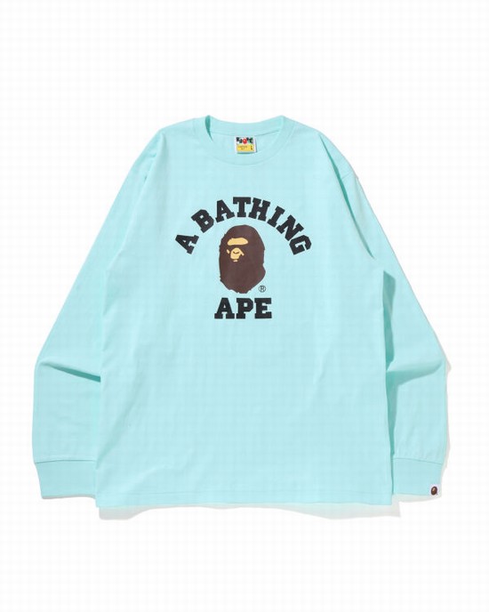 Light Blue Bape College L/S Men's T Shirts | ZA-39268