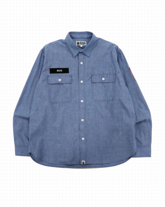 Light Blue Bape Military Patch Relaxed Fit Chambray Men's Shirts | ZA-31962