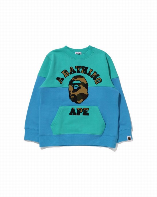 Light Green Bape 1st Camo College Patch Colourblock Crewneck Kids' Sweatshirts | ZA-03869