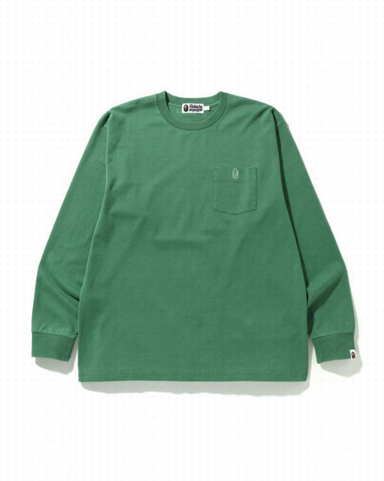 Light Green Bape Overdye One Point Pocket Relaxed Fit L/S Men's T Shirts | ZA-64791