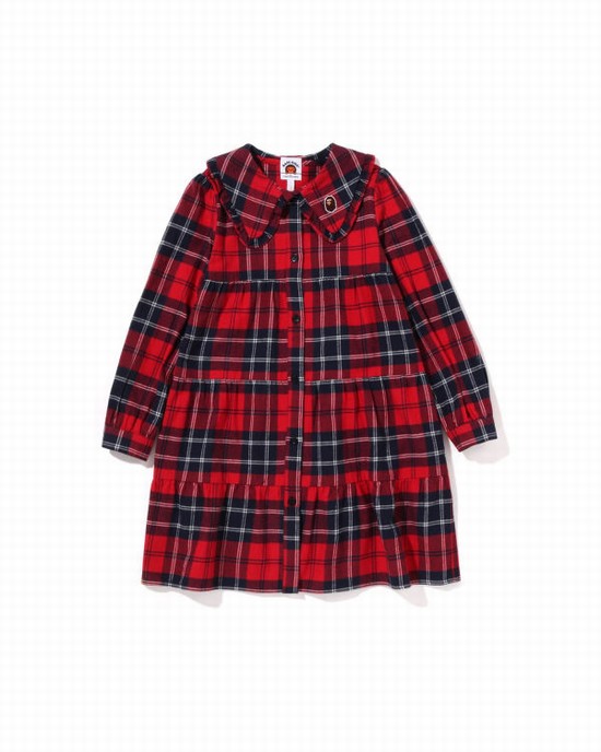 Light Red Bape Check Big Collar Onepiece Kids' Dress | ZA-41237