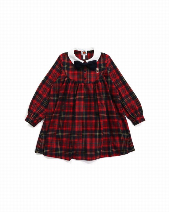 Light Red Bape Check Ribbon Onepiece Kids' Dress | ZA-12894